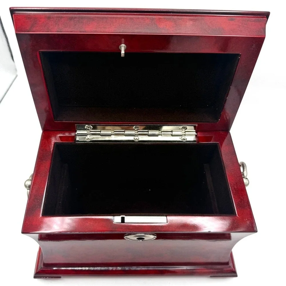 Vintage Burgundy Lacquer Pagoda Jewelry Chest Global Views w/Keys Removable Tray